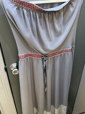 Gypsy 05 Strapless Gray Maxi Dress with Red Embroidered Trim
